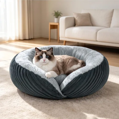 Vista 14 de Tovve Cama para gatos en interiores, sofá cama redonda lavable para gatitos Crema