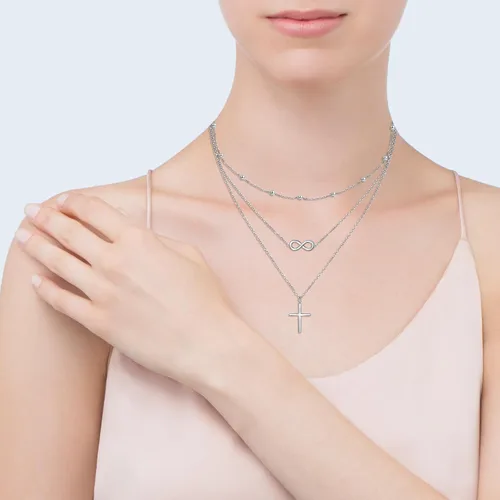Vista 6 de Collares de plata de ley S925 en capas, barra circular de 3 capas, estilo bohemio, largo, triple gargantilla, collar, regalo de joyería para mujer