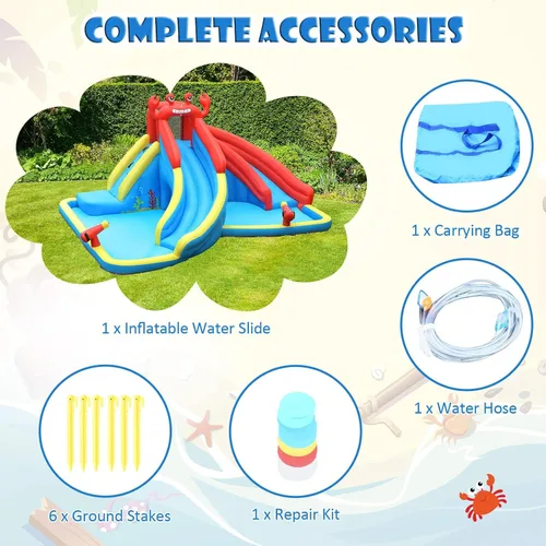 Vista 8 de BOUNTECH - Tobogán acuático inflable, parque acuático 7 en 1 para niños y adultos, diversión al aire libre con doble tobogán largo, soplador de 950
