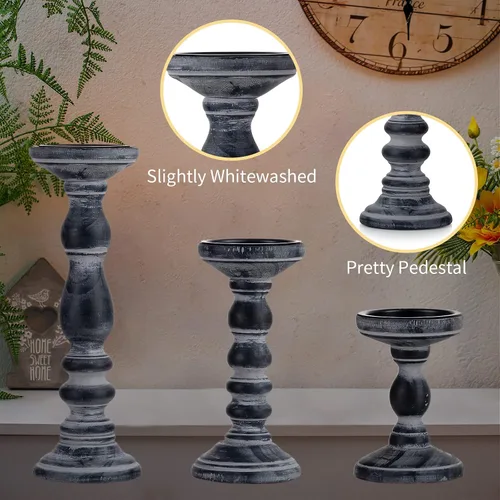 Vista 7 de Portavelas para Velas de Pilar: Romadedi Juego de 3 Portavelas Decorativos de Madera, Soporte de Vela de Madera Rústica para Repisa de Chimenea Mesa