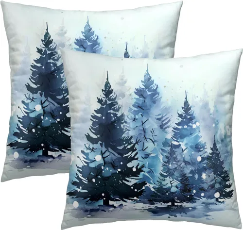 Vista 38 de Fundas de Almohada de Bosque de Pinos 22x22 Juego de 2, Fundas de Almohada Decorativas de Árboles de Abeto y Cedro Verde Nieve Beige de Invierno