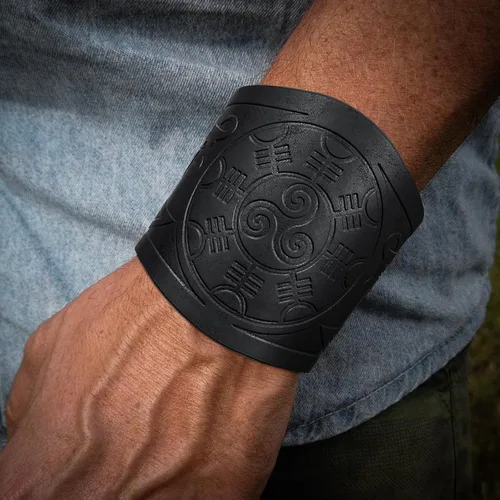 Vista 2 de HiiFeuer Pulsera vikinga de piel sintética en relieve, estilo nórdico retro, diseño nórdico Mjolnir Vegvisir