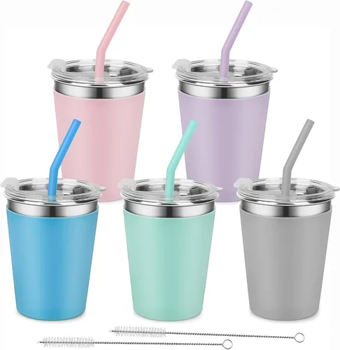 Vista 12 de Tazas para niños con tapas y pajitas, 5 paquetes mejorados de 350 ml de acero inoxidable irrompibles con funda colorida, tazas a prueba de derrames