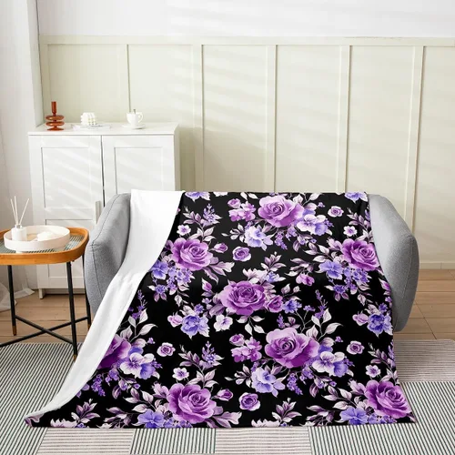 Vista 2 de Erosebridal Manta de rosa de 40 x 50 pulgadas, manta exótica de vellón floral de flores moradas para decoración de dormitorio, manta de franela
