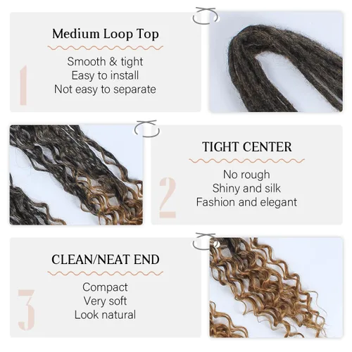 Vista 4 de Extensiones de rastas trenzadas bohemias de 24 pulgadas, 10 hebras de rastas sintéticas rizadas color marrón degradado con trenza de caja, rastas