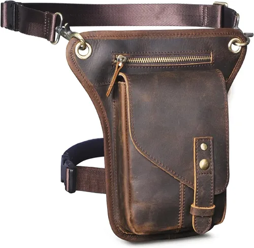 Vista 3 de Le'aokuu Riñonera táctica de piel auténtica para hombre, con cintura para pierna caída, muslo, cruzada, 211-6, Marrón