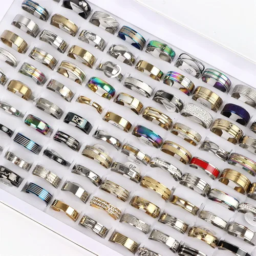 Vista 6 de 50PcsLot Fashion Stainless Steel Heart Rhinestone Band Rings For Women Men Mix Style Party Jewelry Wholesale