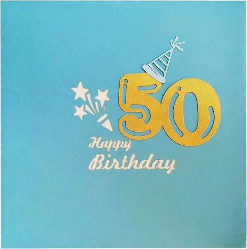 Vista 6 de iGifts And Cards Tarjeta de felicitación desplegable 3D con caja de fiesta de cumpleaños número 50 color azul – Cincuenta, impresionante, globos