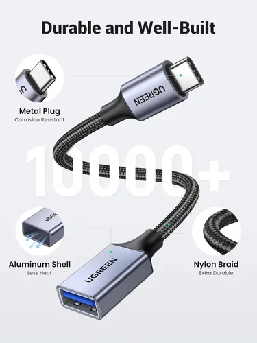 Vista 7 de UGREEN Adaptador USB C a USB 3.0 de 5 Gbps OTG Cable tipo C macho a USB A hembra de nailon trenzado de aluminio compatible con iPhone 15 Plus Pro