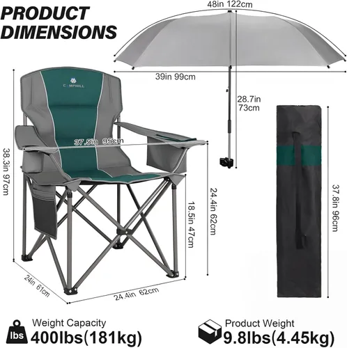 Vista 2 de Paquete de 2 sillas de campamento de gran tamaño con paraguas ajustable, silla de césped acolchada plegable con respaldo y reposabrazos cómodos