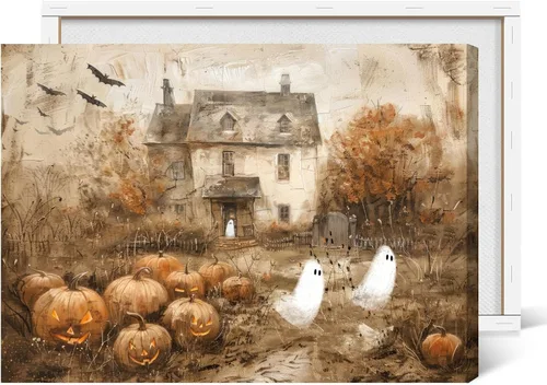 Vista 16 de Arte de pared vintage de Halloween embrujado de granja, parche de calabaza rústica con bonitos fantasmas, póster impreso en lienzo espeluznante