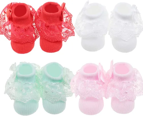 Vista 2 de BQUBO - Calcetines para bebés y niñas calcetines de encaje con volantes calcetines para recién nacidoniños pequeños calcetines con ojales calcetines