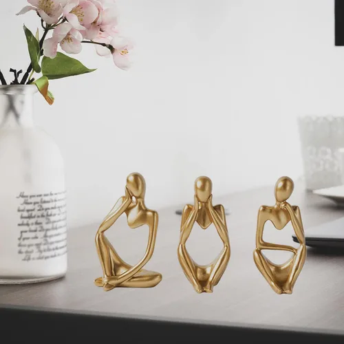 Vista 3 de Estatua de pensador de arte abstracto, 3 piezas de escultura de resina para decoración de mesa de oficina, sala de estar, estante, figuras doradas