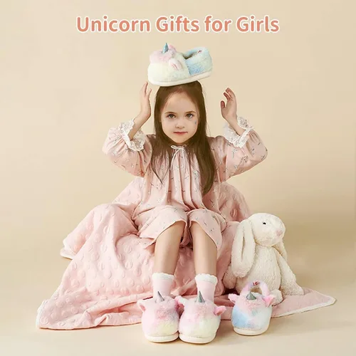 Vista 3 de Yooname Cute Unicorn Dinosaur Plush Warm Slippers for Kids Toddlers Girls Boys, Winter Cozy House Non-slip Slippers for Indoor Outdoor,Unicorn Gift