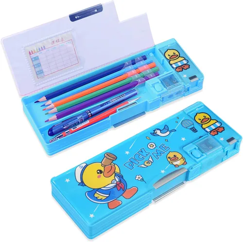 Vista 10 de Estuche de Lápices Multifuncional Emergente para Niñas y Niños, Lindo Organizador de Caja de Bolígrafos de Dibujos Animados con Sacapuntas, Horario