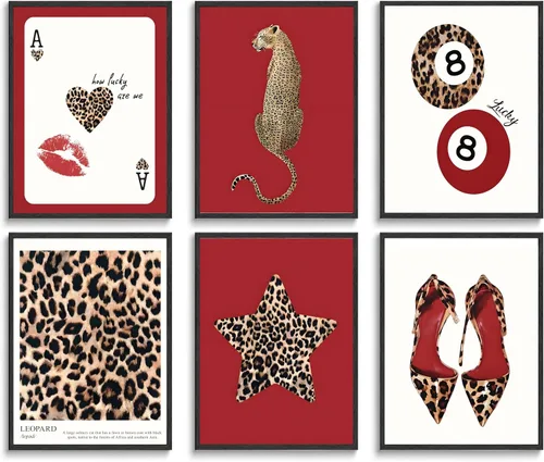 Vista 8 de 6 piezas de arte de pared de leopardo de moda Funky Lucky 8 pósteres de bolas negras para piscina, decoración de pared de guepardo, decoración