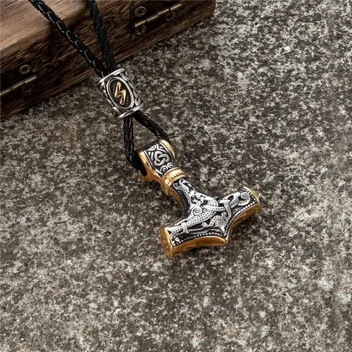 Vista 6 de 1988HUYHOAT - Collar de cuentas de runas nórdicas chapadas en oro para hombre colgante Mjolnir de acero inoxidable amuleto vikingo joyería masculina