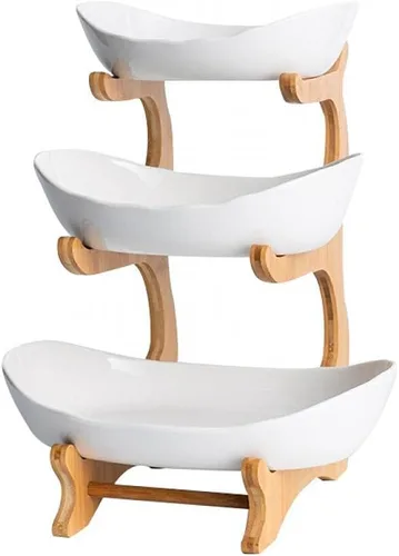 Vista 6 de Cesta de frutas de 3 niveles con soporte de bambú para encimera de cocina, cesta de frutas de cerámica de gran capacidad para almacenamiento