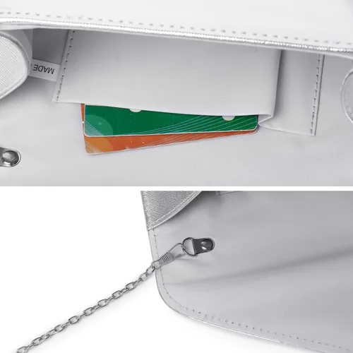 Vista 6 de Gurina Bolso de mano de noche con detalle de lazo, elegante bolsa de fiesta de piel sintética brillante con cadena desmontable para boda y baile