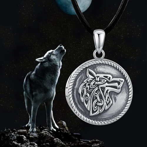 Vista 5 de Collar con medallón de lobo de plata de ley 925 con medallón que sostiene fotos, collar vikingo oxidado, colgante de lobo celta, regalos de joyería