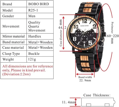 Vista 7 de BOBO BIRD Reloj de acero inoxidable de madera para hombre, cronógrafo, relojes de cuarzo