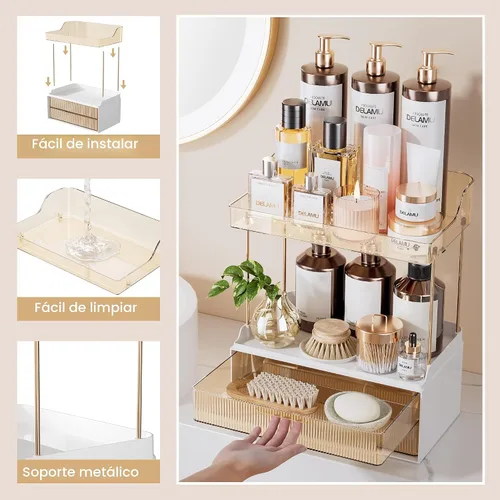 Vista 8 de Delamu Organizador y almacenamiento de baño, 2 niveles y 2 cajones, organizador de maquillaje, fácil de instalar, ideal para encimera de baño, Ámbar