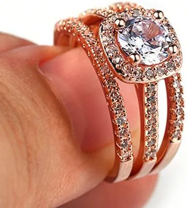 Vista 4 de Juego de anillos de compromiso de boda tres en uno de oro rosa plateado, Metal, Zirconia cúbica