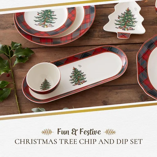 Vista 2 de Spode Christmas Tree - Juego de 2 piezas de chips y salsa de tartán – Plato para servir las fiestas de 13 pulgadas con cuenco de inmersión – Borde a