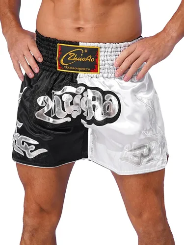Vista 2 de QinCiao Pantalones cortos de boxeo Muay Thai para hombre, pantalones cortos de kickboxing, artes marciales, entrenamiento, gimnasio, entrenamiento