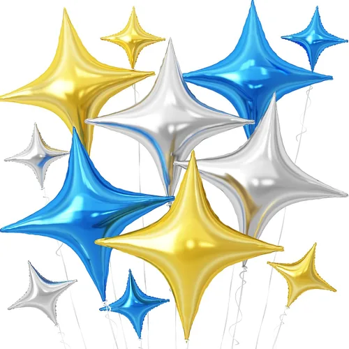 Vista 16 de Globos de Estrella Negra, 12 Piezas Globos de Papel de Aluminio de Estrella de Cuatro Ángulos, 26 Pulgadas y 10 Pulgadas Globo de Película de Negro