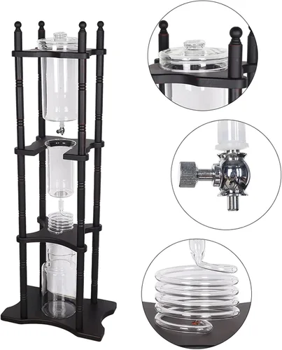 Vista 4 de Cafetera de goteo de hielo, 84.54 onzas, cafetera retro para el hogar, con recipiente de vidrio vertical japonés y soporte de madera, cafetera