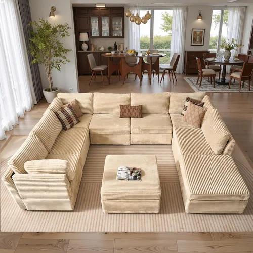 Vista 34 de Ovios - Sofá modular con diván en forma de U y otomanas, cómodo y mullido, tapizado en pana estilo nube, moderno, asiento profundo, juego de sofás