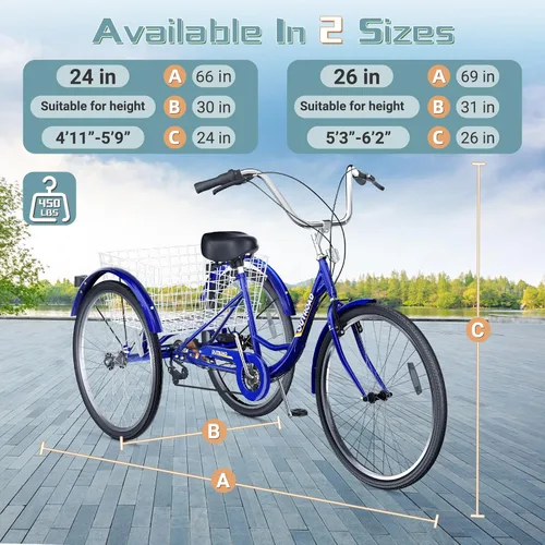 Vista 8 de Triciclo para adultos de 7 velocidades, bicicleta de 3 ruedas de 26 pulgadas con cesta grande para mujeres, hombres y personas mayores, triciclo