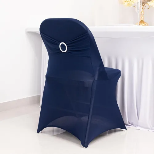 Vista 13 de Efavormart - Funda para silla de banquete de elastano beige con banda de hebilla de diamantes de imitación plateados, funda elástica para silla