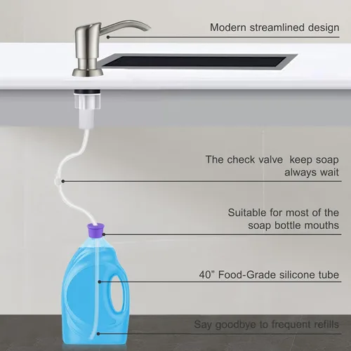 Vista 6 de GAGALIFE Dispensador de jabón empotrado en mostrador (níquel cepillado) para fregadero de cocina y kit de tubo de extensión, actualización