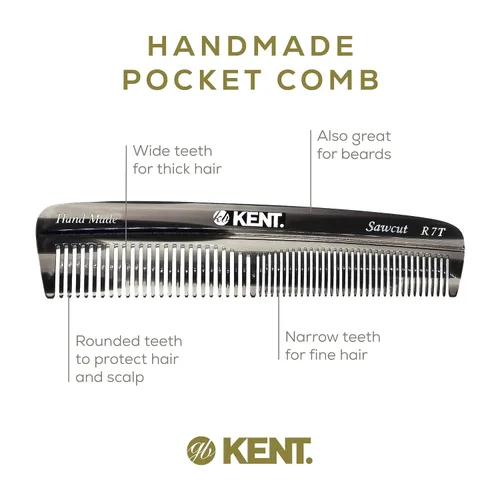 Vista 4 de Kent R7T - Peine de pelo de dientes finos y dientes anchos de grafito negro, peine de bolsillo hecho a mano para hombres, el mejor peine para barba