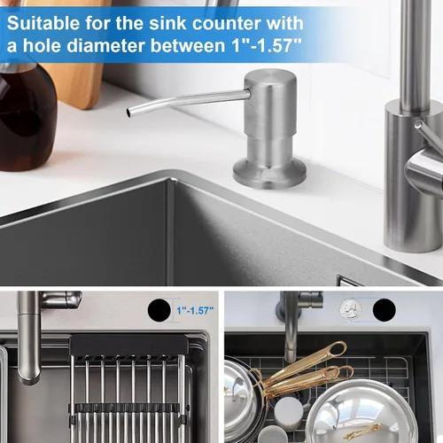 Vista 5 de Dispensador de jabón para fregadero integrado, dispensador de jabón para fregadero de cocina, dispensador de jabón inoxidable para fregadero