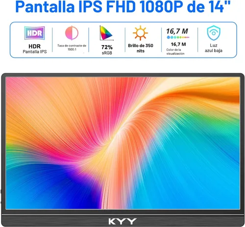 Vista 5 de KYY Monitor portátil para laptop, monitor de viaje FHD 1080P de 14 pulgadas, pantalla de juegos USB-C y HDMI con soporte VESA y cubierta