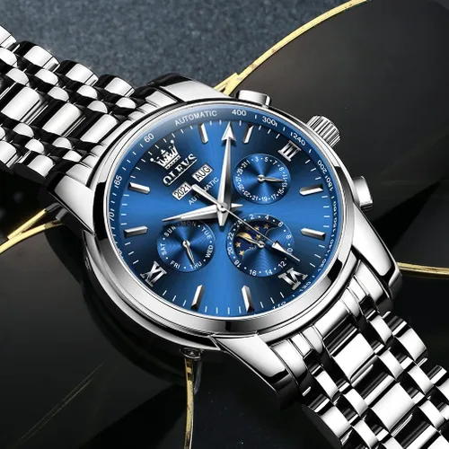 Vista 2 de OLEVS Relojes automáticos para hombre, esqueleto Tourbillon, mecánico, cuerda automática, de lujo, moda, reloj, fase lunar, fecha, luminoso