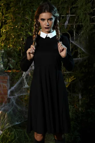 Vista 4 de For G and PL - Vestido de Halloween acampanado y con cuello de Peter Pan para mujer, Merlina Addams