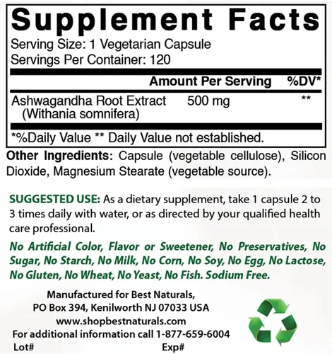 Vista 2 de Best Naturals Dhea 25mg y extracto de Ashwagandha 500 mg