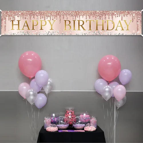 Vista 3 de Cartel de feliz cumpleaños de oro rosa rosa, gran cartel de feliz cumpleaños para patio, suministros de fiesta para mujeres, decoración