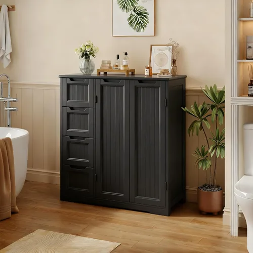 Vista 9 de Gizoon Gabinete de piso de baño de madera, gabinete organizador de Negro