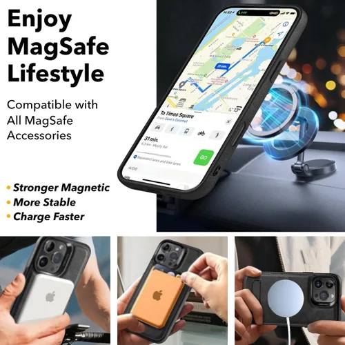Vista 2 de Funda de piel para iPhone 16 Pro Max, mejorada [fuerte magnética], [compatible con MagSafe] [soporte invisible integrado] Funda protectora delgada