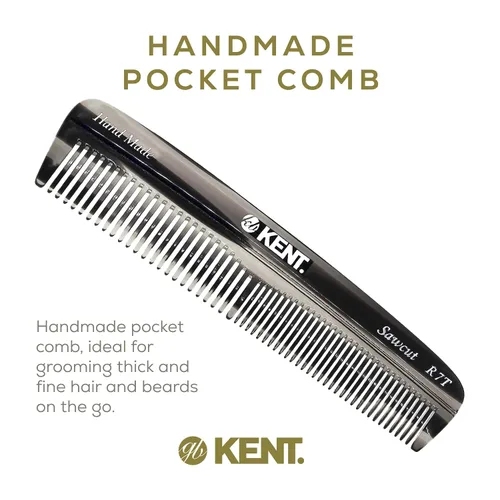 Vista 3 de Kent R7T - Peine de pelo de dientes finos y dientes anchos de grafito negro, peine de bolsillo hecho a mano para hombres, el mejor peine para barba
