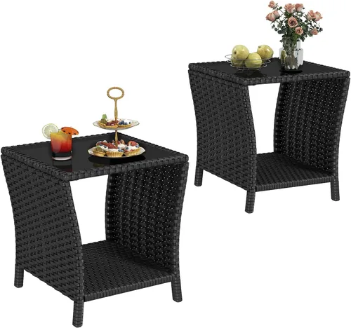 Vista 12 de kinbor Mesa pequeña para exteriores – Mesa auxiliar de mimbre para exteriores con estante de almacenamiento para patio, balcón y porche, ratán