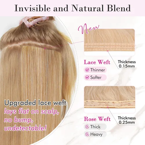 Vista 3 de REECHO Extensiones de cabello con pinza, 4 piezas de extensiones de cabello rubio de 24" de largo, ondas de playa gruesas, HE003, trama de encaje