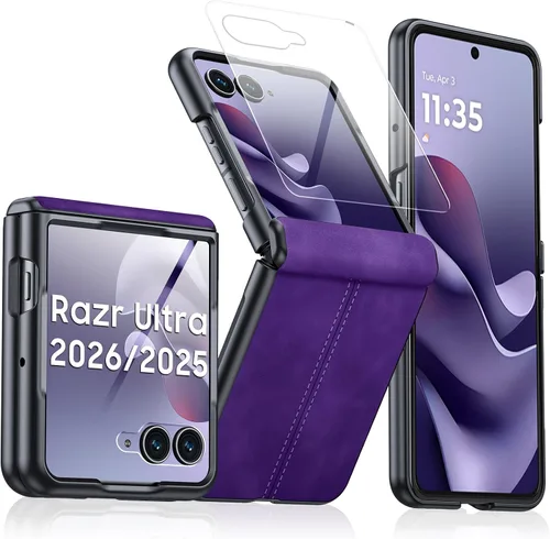 Vista 64 de para Samsung Galaxy Z Flip 7 Funda con protección de bisagras y protector de pantalla incorporado, funda de cuero mate de policarbonato ultradelgada