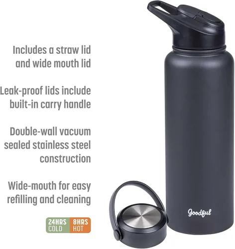 Vista 2 de Goodful Botella de agua de doble pared sellada al vacío, aislada con dos tapas intercambiables, tapas para beber o tragar, a prueba de fugas, boca