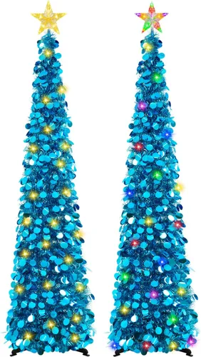 Vista 25 de MACTING Árbol de Navidad desplegable con 50 luces LED con temporizador, 5 pies, árbol de lápiz de oropel plegable de fácil montaje, árbol artificial